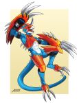  2018 amon-sydonai armor blade claws claws_(weapon) digimon flamedramon looking_at_viewer male muscular red_eyes solo 