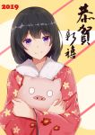  1girl 2019 absurdres animal bangs black_hair blush chun-ge closed_mouth commentary_request eyebrows_visible_through_hair floral_print fur_collar happy_new_year highres holding holding_animal japanese_clothes kimono long_sleeves looking_at_viewer medium_hair multicolored multicolored_background new_year o_o original pig print_kimono purple_hair red_kimono smile solo upper_body wide_sleeves 