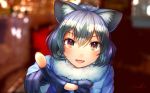  :d animal_ears bangs black_gloves black_neckwear blurry blurry_background bokeh bow bowtie brown_eyes commentary_request common_raccoon_(kemono_friends) depth_of_field eyebrows_visible_through_hair eyes_visible_through_hair fang fur_collar gloves grey_hair hair_between_eyes kemono_friends looking_at_viewer medium_hair multicolored_hair open_mouth partly_fingerless_gloves pointing pointing_at_viewer raccoon_ears signature silver_hair smile solo welt_(kinsei_koutenkyoku) 