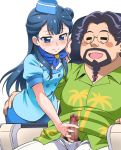  1girl afro ass_grab beard blue_eyes blue_hair blush bow censored character_request closed_eyes daigan_(precure) erection facial_hair glasses goatee grabbing_another's_ass groping hair_bow hair_bun hand_on_ass handjob hat hetero hugtto!_precure long_hair male_pubic_hair mosaic_censoring mustache open_mouth penis precure pubic_hair sitting skirt smile solo_focus uniform yakushiji_saaya youkan 