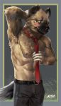  2018 aggressive_retsuko amon-sydonai blush claws clothed clothing haida hyena looking_at_viewer male mammal muscular navel necktie nipples solo tongue topless 