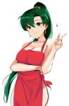  apron blush breasts cleavage fire_emblem fire_emblem:_rekka_no_ken fire_emblem_heroes green_eyes green_hair high_ponytail highres large_breasts long_hair looking_at_viewer lyndis_(fire_emblem) naked_apron ormille ponytail sideboob smile solo 