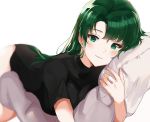  absurdres bed blush breasts dress fire_emblem fire_emblem:_rekka_no_ken fire_emblem_heroes green_eyes green_hair highres large_breasts long_hair looking_at_viewer lyndis_(fire_emblem) ormille pillow simple_background smile solo very_long_hair 