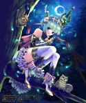  aqua_hair artist_name bare_shoulders bird blue_eyes bracer bug capelet fantasy firefly forest gyakushuu_no_fantasica hair_ribbon high_heels highres holding holding_sword holding_weapon in_tree insect looking_at_viewer moon nature night night_sky official_art owl ribbon sheath sheathed short_hair sitting skirt sky sleeping smile solo squirrel striped sword thighhighs tree watermark weapon white_footwear white_legwear white_skirt yukikana 