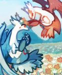  2018 ambiguous_gender blue_feathers blush claws cute digital_media_(artwork) duo eyes_closed feathers feral flower flower_crown flying grass happy holding_flower holding_object latias latios legendary_pok&eacute;mon mountain nintendo outside plant pok&eacute;mon pok&eacute;mon_(species) red_eyes red_feathers rubindraws signature sky video_games white_feathers wings 