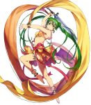  anklet arm_up bangs barefoot breasts choker cozy dancer double_bun earrings fire_emblem fire_emblem:_seisen_no_keifu fire_emblem_heroes full_body green_eyes green_hair highres holding holding_sword holding_weapon jewelry leg_up long_hair medium_breasts midriff navel official_art parted_lips shiny shiny_hair skirt solo sword sylvia_(fire_emblem) thigh_strap toes transparent_background twintails weapon 