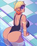  2018 absurd_res butt clothed clothing cyclops digital_media_(artwork) eyelashes female hair hi_res humanoid looking_at_viewer looking_back multicolored_hair not_furry one-piece_swimsuit partially_submerged pointy_ears purple_eyes scar short_hair solo souladdicted swimming_pool swimsuit two_tone_hair viviana_(souladdicted) water 