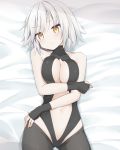  ass_visible_through_thighs bare_shoulders bed_sheet black_gloves black_legwear black_leotard blush breasts cameltoe center_opening cleavage closed_mouth collarbone colored_eyelashes commentary_request cosplay cowboy_shot eyebrows_visible_through_hair fate/grand_order fate_(series) fingerless_gloves from_above gloves grey_hair hassan_of_serenity_(fate) hassan_of_serenity_(fate)_(cosplay) head_tilt jeanne_d'arc_(alter)_(fate) jeanne_d'arc_(fate)_(all) kamu_(geeenius) leotard looking_at_viewer lying medium_breasts navel on_back revealing_clothes short_hair solo stomach thighhighs v-shaped_eyebrows yellow_eyes 