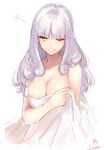  artist_name breasts carmilla_(fate/grand_order) collarbone covering covering_breasts fate/grand_order fate_(series) highres jazztaki light_smile long_hair one_eye_closed solo white_background white_hair yellow_eyes 