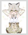  animal_ears arms_behind_head back_bow bare_shoulders belt blonde_hair bow bowtie cat_ears commentary_request dnsdltkfkd elbow_gloves eyebrows_visible_through_hair frilled_skirt frills glasses gloves hair_tie_in_mouth kemono_friends korean_commentary margay_(kemono_friends) margay_print mouth_hold multicolored_hair short_hair skirt sleeveless solo yellow_eyes 