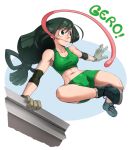  asui_tsuyu bike_shorts black_eyes black_hair boku_no_hero_academia breasts brown_gloves commentary elbow_pads english_commentary frog_girl full_body gloves hair_rings jumping long_hair long_tongue low-tied_long_hair medium_breasts parkour shoes sneakers solo sports_bra tongue tongue_out very_long_hair very_long_tongue whistle_frog 