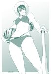  bangs bikini black_hair breasts cameltoe contrapposto food from_below frown fruit glasses gradient gradient_background hat koiwai_koharuko kouda_tomohiro large_breasts looking_at_viewer looking_down monochrome navel ponytail sidelocks solo stick swimsuit watermelon yotsubato! 