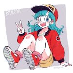  :d bare_legs baseball_cap blue_eyes blue_hair blush_stickers bulma character_name commentary dragon_ball dragon_ball_(classic) eyelashes fingernails floating_hair full_body happy hat highres jacket long_hair looking_away open_mouth purple_background red_footwear red_jacket shirt shoes shorts simple_background sitting smile sneakers socks solo tkgsize twitter_username two-tone_background v white_background white_shirt yellow_shorts 