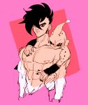  black_eyes black_hair chest dragon_ball expressionless looking_at_viewer majin_buu male_focus mohawk nipples older onkywi pink_background serious shirtless simple_background upper_body uub 