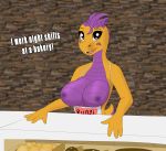  anthro apron at_work booponies breasts clothing dragon female food hair half_naked looking_at_viewer lucy_(oc) nipples raised_tail short_hair smile standing teeth text 