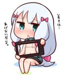  bangs bare_legs barefoot bikini blush bow chibi commentary_request drawing_tablet eromanga_sensei eyebrows_visible_through_hair green_eyes green_jacket hair_bow hana_kazari head_tilt holding izumi_sagiri jacket long_hair low-tied_long_hair micro_bikini navel nose_blush parted_lips pink_bow silver_hair sitting solo swimsuit tablet track_jacket translation_request very_long_hair white_background white_bikini 