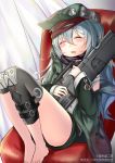  artist_name assault_rifle belt blush_stickers closed_eyes commentary_request couch curtains drooling g11 g11_(girls_frontline) girls_frontline grey_hair gun hair_between_eyes hat highres hug jacket long_hair namesake no_shoes rifle scope shorts sleeping sunege_(hp0715) weapon 