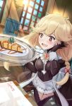  alm_(fire_emblem) artist_name blonde_hair blush bow braid brown_eyes cheesecake commentary commission effie_(fire_emblem) fingerless_gloves fire_emblem fire_emblem_echoes:_mou_hitori_no_eiyuuou food gem gloves hair_bow heart heart_eyes highres indoors ippers long_hair long_sleeves maid open_mouth plate red_bow solo standing tray twin_braids window 