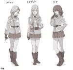  absurdres belt boots braid character_name closed_mouth collared_shirt commentary_request contrapposto girls_und_panzer hair_over_shoulder highres jacket long_hair long_sleeves looking_at_viewer multiple_girls muted_color necktie original pleated_skirt pouch shirt short_hair signature skirt smile standing translated twin_braids wing_collar zennosuke 