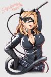  absurdres animal_ears arm_behind_head belt blonde_hair boku_no_hero_academia breasts brown_eyes cat_ears cleavage collarbone commentary_request domino_mask hair_over_one_eye hand_on_hip highres large_breasts mask open_mouth skin_tight tail unzipped utsushimi_kemii yaobin_yang 