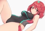  bare_shoulders blush breasts closed_mouth earrings eyebrows_visible_through_hair furrowed_eyebrows groin homura_(xenoblade_2) jewelry kayama_kenji looking_at_viewer medium_breasts one-piece_swimsuit red_eyes red_hair short_hair simple_background smile solo swimsuit thighs tiara white_background xenoblade_(series) xenoblade_2 