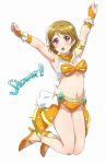  :o \o/ ankle_strap armband armpits arms_up bikini breasts bridal_gauntlets brown_hair cleavage clenched_hands commentary_request earrings hair_ornament heart heart_hair_ornament high_heels jewelry jumping koizumi_hanayo love_live! love_live!_school_idol_project medium_breasts navel orange_bikini orange_footwear outstretched_arms overskirt purple_eyes round_teeth shangri-la_shower simple_background solo stomach swimsuit teeth turkey_min upper_teeth white_background 