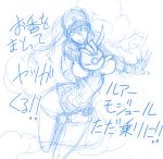  10s 1girl breasts creatures_(company) curvy female female_protagonist_(pokemon_go) game_freak isao jumping large_breasts long_hair looking_at_viewer monochrome nintendo open_mouth poke_ball pokemon pokemon_go ponytail sketch smile translation_request 