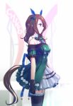  animal_ears aoki_chibe arms_at_sides belt black_gloves black_legwear blurry blurry_background blush bow brown_hair clenched_hand ear_covers garter_straps gloves green_bow hair_between_eyes hair_bow highres horse_ears horse_girl horse_tail king_halo long_hair profile red_eyes short_sleeves skirt solo standing tail thighhighs umamusume white_background white_skirt 