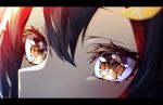  1girl black_hair blurry close-up commentary depth_of_field eyelashes eyes face hair_between_eyes hair_ornament highres hololive letterboxed looking_at_viewer multicolored_hair nuko_miruku ookami_mio orange_eyes red_hair solo streaked_hair symbol_commentary two-tone_hair virtual_youtuber 