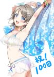  :d ass bangs bare_shoulders bikini blue_eyes breasts cleavage commentary_request grey_hair hair_between_eyes hair_ornament hair_ribbon hairclip looking_at_viewer love_live! love_live!_sunshine!! open_mouth ribbon rozen5 short_hair simple_background smile solo swimsuit watanabe_you white_background 