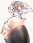  ass black_legwear blue_eyes blush breasts from_below hechi_(hechi322) highres kantai_collection kashima_(kantai_collection) large_breasts long_sleeves looking_at_viewer looking_back looking_down medium_hair panties pantyhose pantyhose_pull parted_lips shirt silver_hair simple_background solo twintails underwear wavy_hair white_background white_panties white_shirt 