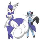  angry anthro big_breasts bit-small blush breasts dewott duo female fluffy meowstic nintendo nipples pok&eacute;mon pok&eacute;mon_(species) pussy rivalry scar simple_background small_breasts smug standing swirls video_games whiskers wide_hips 
