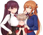  2girls age_difference bangs blunt_bangs blush braid breasts brown_hair child commander_(girls_frontline) commentary_request embarrassed eyebrows_visible_through_hair girl_sandwich girls_frontline green_eyes hair_ribbon hand_on_another's_head hand_on_another's_shoulder hand_on_hip height_difference highres huge_breasts long_hair looking_at_another looking_at_viewer m1903_springfield_(girls_frontline) multiple_girls ndgd one_side_up parted_lips ponytail purple_hair red_eyes ribbon sandwiched side_braid sidelocks simple_background smile sweatdrop underbust wa2000_(girls_frontline) wavy_mouth white_background 