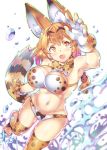  :d animal_ears armpits bangs bare_arms bare_shoulders belly bikini blonde_hair bouncing_breasts bow bow_bikini bowtie breasts cleavage commentary_request extra_ears eyebrows_visible_through_hair gloves hand_up hips kemono_friends looking_up medium_breasts medium_hair multicolored multicolored_eyes navel nib_pen_(medium) open_mouth print_bikini print_gloves print_legwear print_neckwear print_swimsuit red_eyes scarf serval_(kemono_friends) serval_ears serval_print serval_tail skindentation smile solo splashing stomach striped_tail swimsuit tail takano_itsuki thighhighs toeless_legwear toes traditional_media water yellow_eyes 