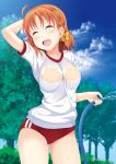  arm_up ass_visible_through_thighs blush bra bra_through_clothes braid buruma closed_eyes cloud commentary_request day hair_ribbon hand_on_head hino_minato_(spec.c) hose love_live! love_live!_sunshine!! open_mouth orange_bra orange_hair red_buruma ribbon see-through shirt short_hair side_braid sky smile standing takami_chika thighs tree underwear water wet wet_clothes wet_shirt yellow_ribbon 