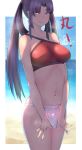  :q arm_tattoo beach bikini blue_eyes breasts commentary_request cowboy_shot day fate/grand_order fate_(series) heavy_breathing jewelry licking_lips long_hair looking_at_viewer navel_piercing nikuku_(kazedesune) outside_border piercing pubic_tattoo purple_hair ribs ring see-through sidelocks solo steaming_body stomach sweat swimsuit tattoo tongue tongue_out ushiwakamaru_(fate/grand_order) ushiwakamaru_(swimsuit_assassin)_(fate) 