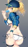  ahoge artoria_pendragon_(all) ass back bangs baseball_cap bikini blonde_hair blue_eyes blue_hat blush breasts commentary_request eating fate/grand_order fate_(series) food grey_background hair_between_eyes hat highres hips large_breasts long_hair looking_at_viewer looking_back messy_hair mysterious_heroine_xx_(foreigner) nebusoku ponytail popsicle shrug_(clothing) side-tie_bikini signature solo swimsuit thigh_strap thighs white_bikini wristband 