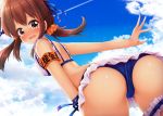  armband ass bangs bare_arms bare_shoulders bikini blue_bikini_bottom blue_ribbon blue_sky blush brown_eyes brown_hair cloud cloudy_sky commentary_request day eyebrows_visible_through_hair frills hair_ornament hair_ribbon hair_scrunchie highres leaning_forward leg_garter looking_at_viewer looking_back minato_(ojitan_gozaru) mismatched_bikini nose_blush open_mouth orange_scrunchie original outdoors ribbon scrunchie sky solo swimsuit tears wavy_mouth white_bikini_top 