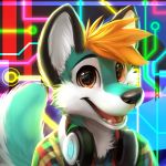  anthro blonde_hair brown_eyes canine clothed clothing dog front_view fur hair headphones headphones_around_neck husky looking_at_viewer mammal multicolored_fur open_mouth smile solo thanshuhai two_tone_fur white_fur 