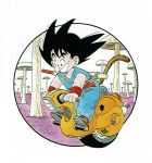  :d black_border black_eyes black_hair border dougi dragon_ball dragon_ball_(classic) driving floating_hair full_body ground_vehicle happy highres male_focus motor_vehicle motorcycle nyoibo official_art open_mouth outdoors outside_border short_hair simple_background smile son_gokuu spiked_hair tail toriyama_akira white_background wristband 