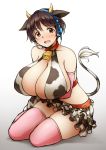  animal_ears animal_print bell bell_collar belt_collar black_hair blush breast_hold breasts brown_eyes cleavage collar commentary covered_nipples cow_bell cow_ears cow_girl cow_horns cow_print cow_tail elbow_gloves english_commentary frilled_skirt frills gloves headset horns huge_breasts idolmaster idolmaster_cinderella_girls microskirt midriff oikawa_shizuku pas_(paxiti) pink_gloves pink_legwear print_skirt red_collar short_hair sitting skirt solo tail tail_raised thighhighs yokozuwari 