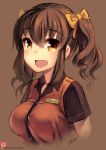  :d black_shirt bow breasts brown_background brown_hair collared_shirt commentary employee_uniform english_commentary gao_(gaolukchup) hair_between_eyes hair_bow large_breasts looking_at_viewer name_tag open_mouth orange_eyes orange_vest patreon_username shirt simple_background smile solo twintails uniform upper_body vest waiter wing_collar yellow_bow 
