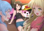  absurdres animal_costume bang_dream! bangs bear_costume black_hair black_tank_top blonde_hair blurry_foreground breasts eyebrows_visible_through_hair green_eyes hair_ornament hairclip highres light_blue_hair long_hair looking_at_another mascot_costume matsubara_kanon medium_hair michelle_(bang_dream!) midriff multiple_girls naitou_kirara navel okusawa_misaki open_mouth purple_eyes shorts sitting sparkling_eyes sweat tsurumaki_kokoro yellow_eyes 