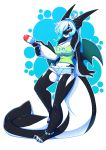  2018 5_fingers anthro big_breasts blue_hair breasts cetacean cleavage clothed clothing cutoffs denim_shorts digital_media_(artwork) dragon english_text female food hair hybrid mammal marine open_mouth orca penelope rainbowscreen shorts smile solo teeth text whale wings 