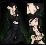  2018 anthro black_hair breasts clothed clothing digital_media_(artwork) female hair human hyena jewelry mammal necklace piercing rakisha simple_background smile solo torn_clothing transformation 