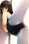  1girl ass bangs bare_arms bare_shoulders black_leotard blush brown_eyes brown_hair commentary_request covered_mouth eyebrows_visible_through_hair highres leg_up leotard looking_at_viewer looking_back matsunaga_kouyou nose_blush original pantyhose solo standing standing_on_one_leg white_legwear 
