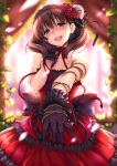  backlighting bangs bare_shoulders black_gloves blue_eyes blush breasts brown_hair collarbone commentary dress earrings floral_print flower gloves hair_flower hair_ornament hairband hand_on_own_cheek heart heart-shaped_pupils highres idolmaster idolmaster_cinderella_girls idolmaster_cinderella_girls_starlight_stage jewelry large_breasts looking_at_viewer medium_breasts nose_blush open_mouth outstretched_arm pinky_out piromizu red_dress red_ribbon ribbon rose sakuma_mayu short_hair smile solo stenciled_rose symbol-shaped_pupils thorns 