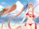  absurdres bare_arms bare_shoulders beach bikini bird blue_eyes blue_ribbon breasts brown_hair cleavage cloud collarbone covered_nipples day eyebrows_visible_through_hair eyewear_on_head fal_(girls_frontline) girls_frontline hair_ribbon hat hat_loss highres hips long_hair navel ocean one_eye_closed open_mouth outdoors red_bikini ribbon sky solo sun_hat sunlight swimsuit waves wide_hips zhao_(pixiv12947327) 