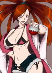  1girl arm_up artist_request asuna_(pokemon) bare_shoulders bikini bikini_under_clothes black_bikini breasts cleavage collarbone creatures_(company) denim denim_shorts eyelashes game_freak grey_background groin gym_leader hair_over_one_eye hair_tie hand_on_hip holding holding_poke_ball large_breasts long_hair looking_at_viewer navel nintendo off_shoulder open_clothes open_fly open_mouth open_robe pink_eyes poke_ball poke_ball_(generic) pokemon pokemon_(game) pokemon_oras ponytail red_hair robe short_shorts shorts side-tie_bikini simple_background solo stomach swimsuit teeth unbuttoned unzipped 