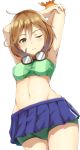  armpits arms_behind_head arms_up bandaid bandaid_on_face bikini blue_skirt blush bondo_(borndragon) breasts brown_eyes brown_hair commentary_request crab eyebrows_visible_through_hair from_below goggles goggles_around_neck green_bikini hair_between_eyes highres kantai_collection looking_at_viewer miniskirt navel oboro_(kantai_collection) one_eye_closed short_hair simple_background skirt small_breasts solo swimsuit white_background 